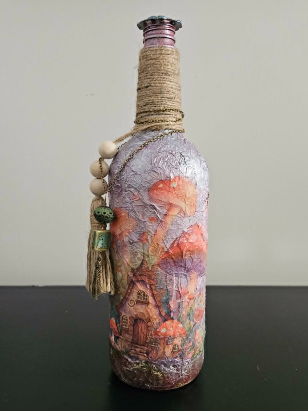 Mushroom Fairy Village Upcycled Bottle, Hand Painted Woodland Decor